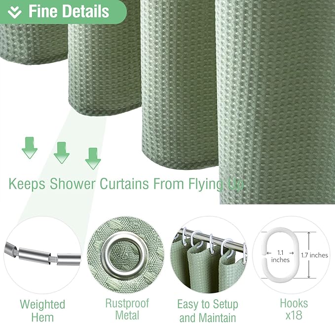 Dynamene Extra Wide Shower Curtain-108 Inch Wide Waffle Weave Weighted Thick Cloth Bathroom Shower Curtain, Neutral Heavy Duty Hotel Bath Curtain Set with 18 Plastic Hooks,108x72, Sage Green
