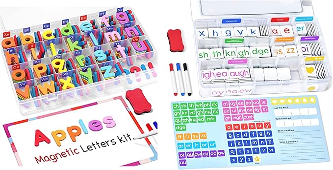 Magnetic Alphabet Letters+Phonics Word Magnetic Letter Tiles-JoyCat 265 Alphabet Tiles, Magnetic Letters Kit with Word-Building Folder and Storage Case, Kindergarten Phonics Awareness, Science of Read