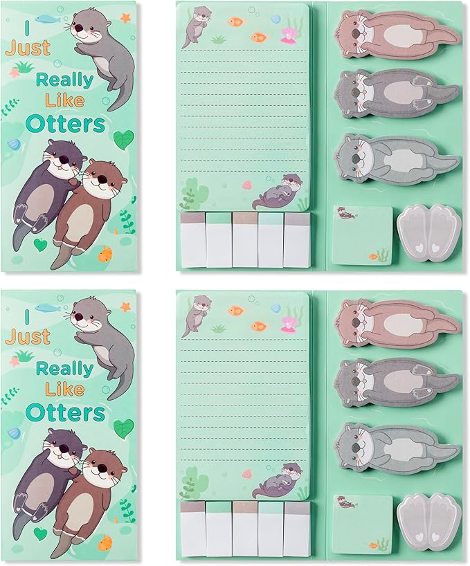 Xqumoi 2 Pack I Just Really Like Otters Sticky Notes Set - Cute Cartoon Otters Self-Stick Notes Pads Animal Divider Tabs Bundle Writing Memo Pads Page Marker Back to School Office Supplies Small Gift