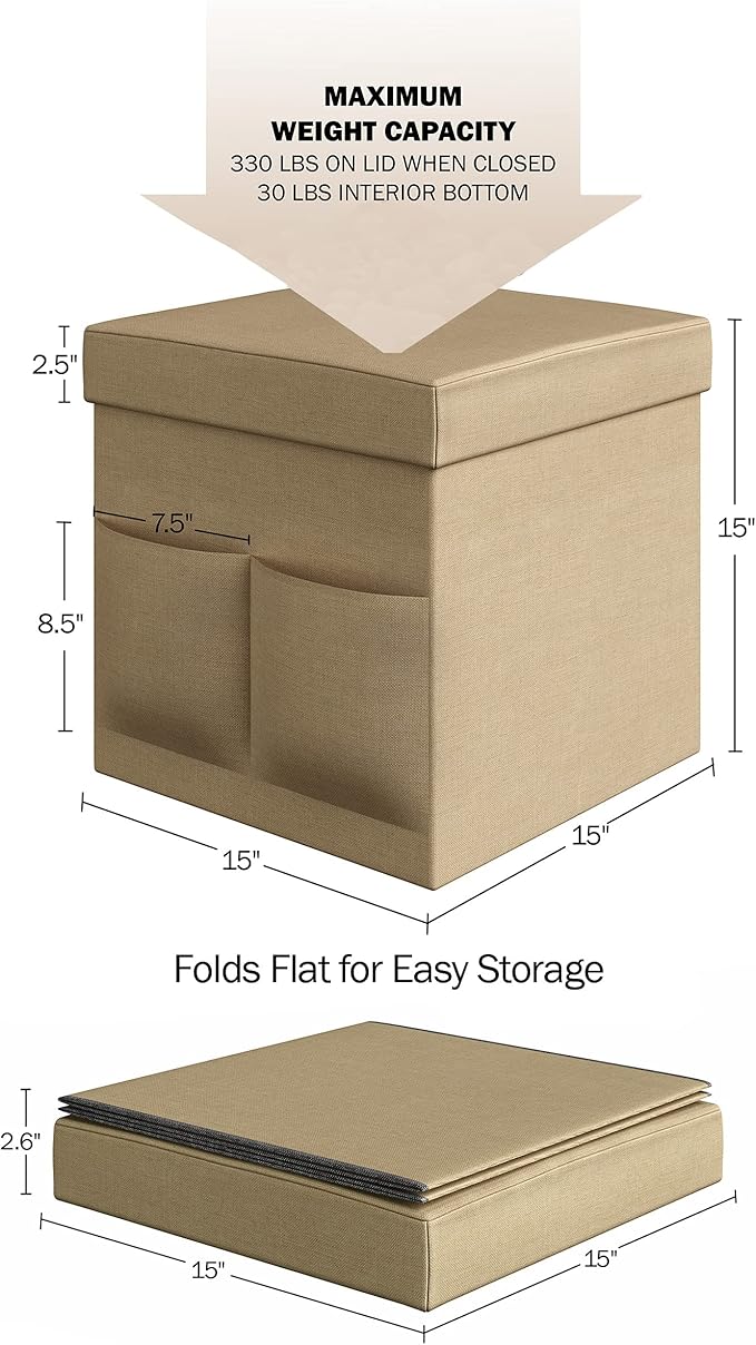 Set of 2 Ottomans with Storage Pockets - 15-Inch Folding Foot Rests or Storage Organizers for Bedroom, Living Room, or Dorm by Lavish Home (Beige)