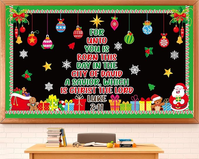 Christmas Religious Bulletin Board Set Christmas Tree Classroom Decor Christian Bible Lord Xmas Gift Boxes Snowflakes Cutouts for Winter Holiday Sunday School Church Classroom Chalkboard Wall Decor