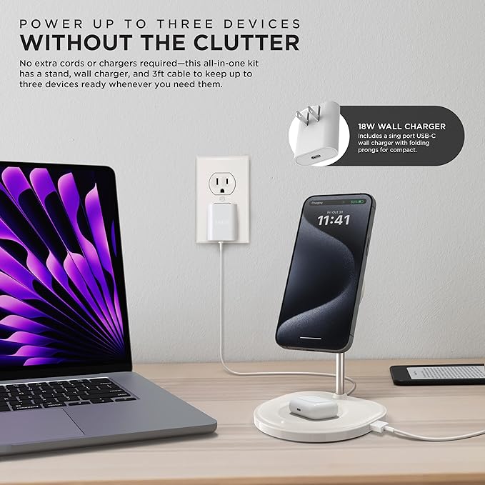 iHome Magnetic Charging Stand, 15W Wireless Charger for iPhone, Apple Watch & AirPods (3-in-1)