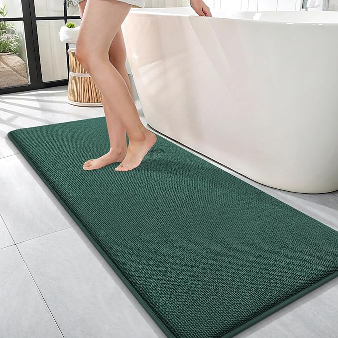 OLANLY Thick Memory Foam Bath Mats Rugs 47x17, Extra Soft Absorbent Bathroom Rug, Quick Dry Bath Mat, Non-Slip, Washable Carpet for Bathroom, Tub and Shower, Home Decor Accessories, Blackish Green