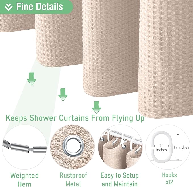Dynamene Extra Long Shower Curtain - 84 Inch Long Waffle Weave Heavy Duty Fabric Bathroom Shower Curtain, Neutral Weighted Hotel Thick Bath Curtain Set with 12 Plastic Hooks,72x84, Blush Pink