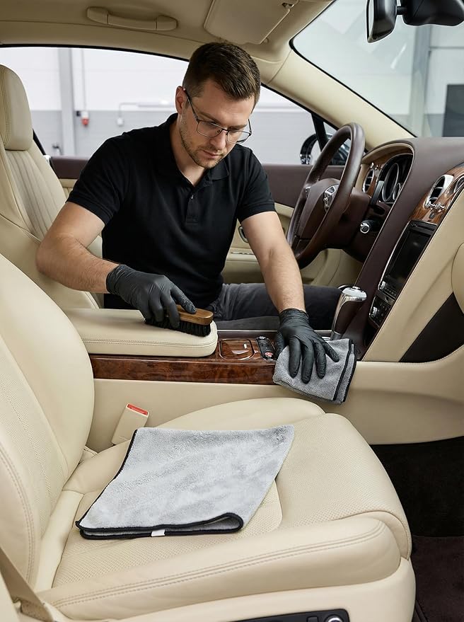 TAKAVU Leather & Upholstery Cleaning Brush Set, 100% Black Boar Bristle, to Clean Car Seats & Leather Sofas, for Alcantara, Interiors, Furniture, Boots, Shoes, Bags and More