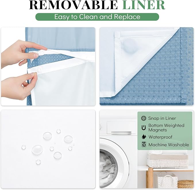 Dynamene Fabric Shower Curtain with Snap in Liner, Waffle Hotel Shower Curtains for Bathroom, Washable Waterproof Cloth Shower Curtain Liner Set with Hook, Mesh Top Window, 72x72, Moonlight Blue