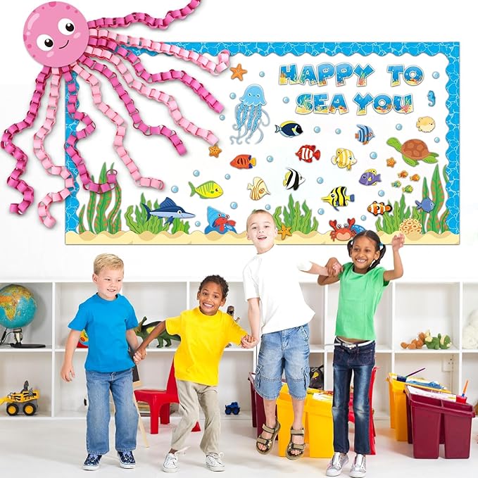 Justforjoyful 93 Pcs Sea Animal Bulletin Board Summer Classroom Decoration Under the Octopus Cutouts for Kids School Supplies Happy to Sea You Paper Wall Decor Summer Ocean Fish Cardstock Party Decor