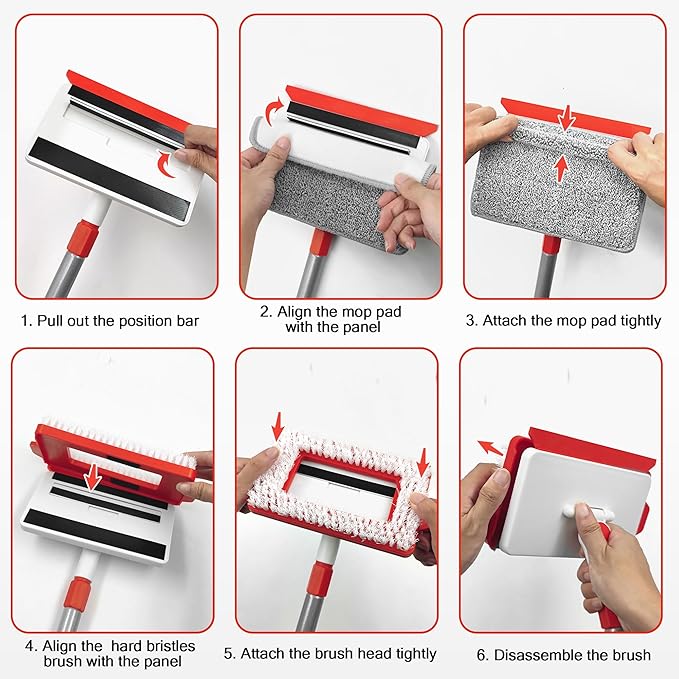 JEHONN Baseboard Cleaner Tool with Handle, 56 inches Base Boards Cleaning Mop Scrubber, 1 Stiff Bristles Brush, 2 Chenille and 2 Microfiber Pads, Wall Duster for Floorboard Ceiling Window Tile