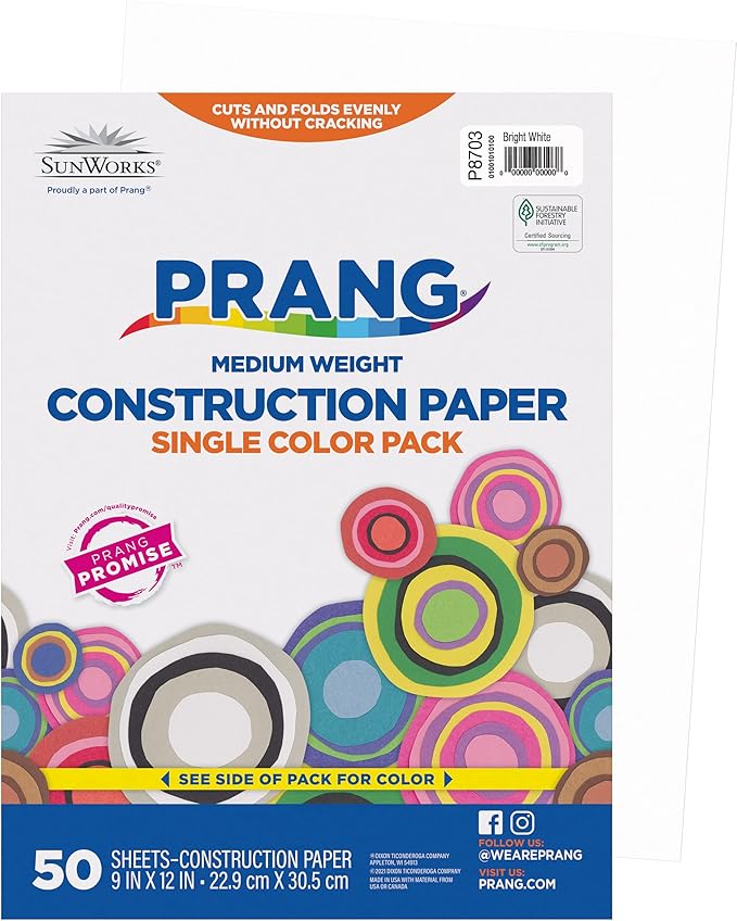 Prang (Formerly SunWorks) Construction Paper, Bright White, 9" x 12", 50 Sheets