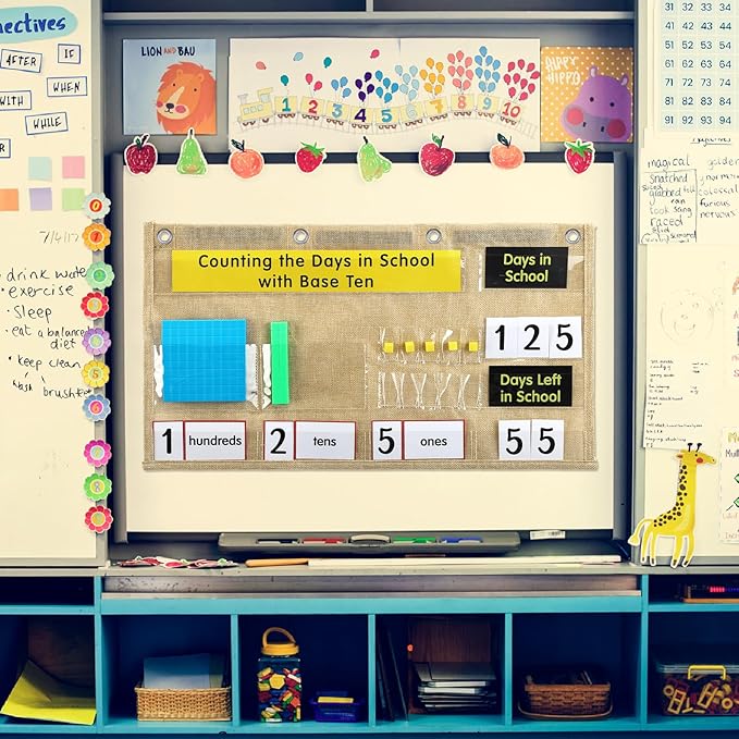 Back to School Counting The Days with Base Ten Pocket Chart Place Value, Counting Caddie Pocket Chart for Classroom Bulletin Board School or Home Decor, 4 Hooks(Burlap Color,Classic Style)