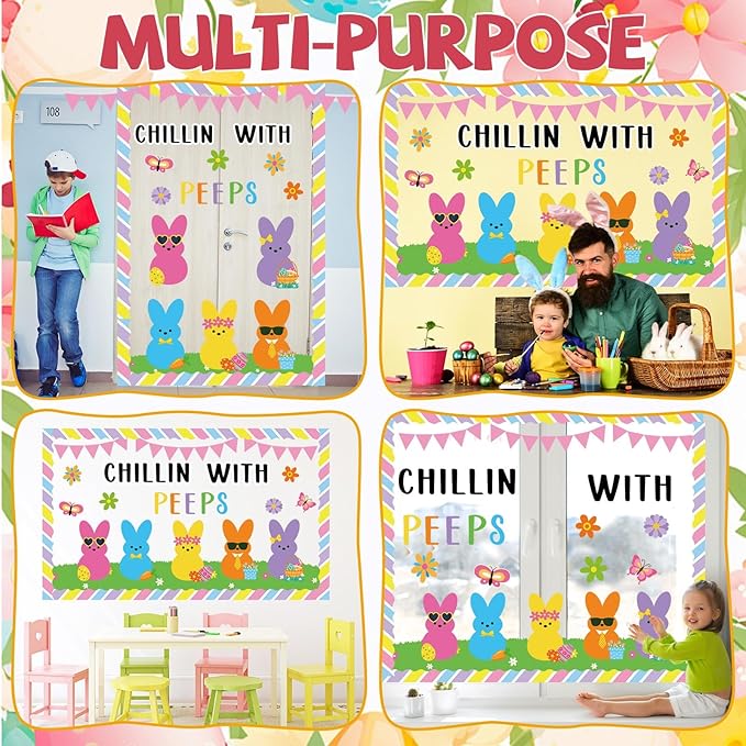 Easter Bulletin Board Decoration Set Easter Bunny Classroom Decoration Colorful Eggs Bunny Flower Paper Cutouts for Spring Party Supplies School Classroom Home Office Nursery Chalkboard Wall Decor