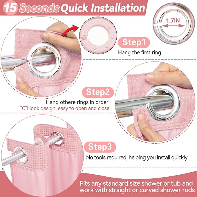 Conbo Mio Extra Long No Hook Waffle Weave Shower Curtain with Snap in Liner Set, Hotel Luxury Pink Shower Curtains for Bathroom with See Through Top Window, Waterproof, Washable 71W x 84H