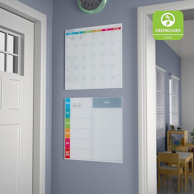 ECR4Kids MessageStor Magnetic Dry-Erase Glass Board with Magnets, 17.5in x 17.5in, Wall-Mounted Whiteboard, Assorted Calendar, 2-Pack