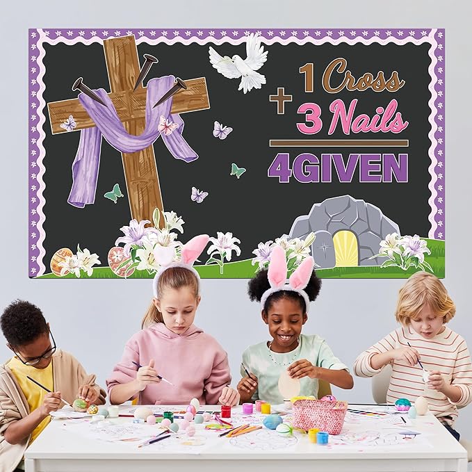 Easter Jesus Cross Bulletin Board Decorations Set 1 Cross 3 Nails 4 Given Jesus Resurrection Classroom Decor Easter Spring Religious Paper Cutouts for Sunday School Church Blackboard Wall Decoration