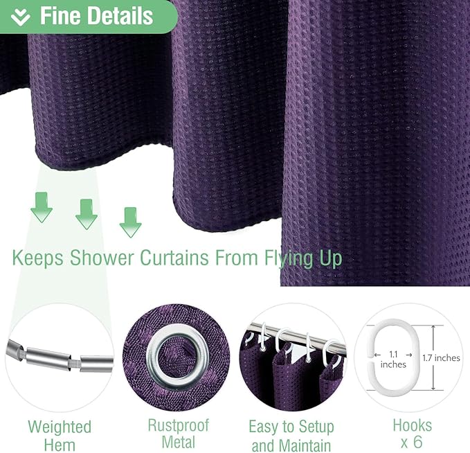 Dynamene Stall Fabric Shower Curtain - 36x72 Waffle Weave Weighted Cloth Shower Curtains for Bathroom, Neutral Heavy Duty Hotel Spa Luxury Bath Curtain Set with 6 Plastic Hooks,Purple
