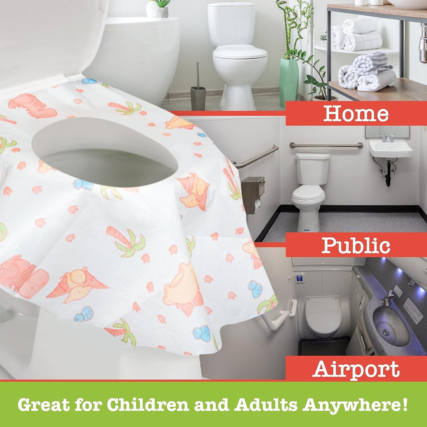 Toilet Seat Covers Disposable (20 pk, Dinosaurs) - XL Waterproof Toilet Cover for Toddlers, Kids & Adults - Portable & Individually Wrapped for Travel, Potty Training, Public Restrooms