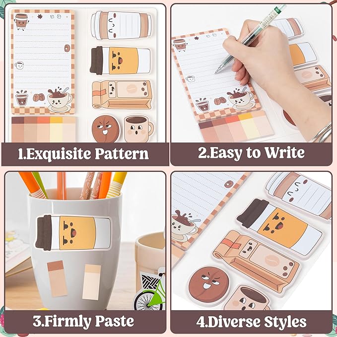 B1ykin Cute Sticky Notes Set - Better Latte Than Never Self-Stick Notes Pad, 550 Sheets Writing Memo Pages Sticky Notepad for Teacher Appreciation Gifts, School Office Party Favors Supplies (Latte)