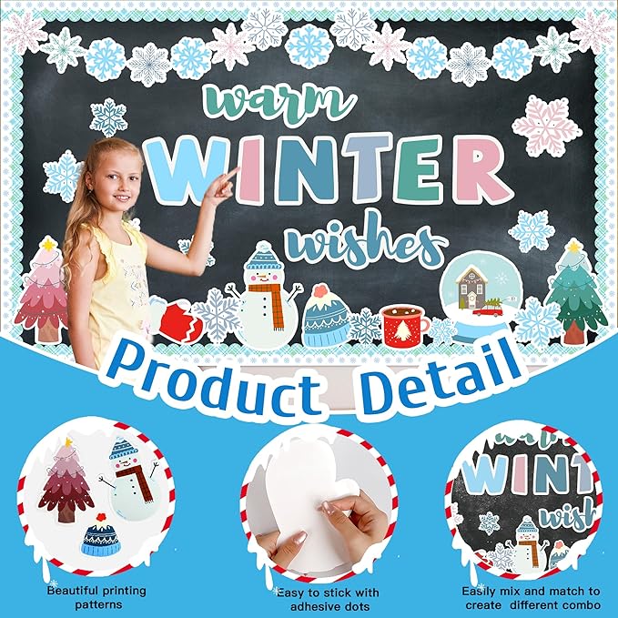 Winter Bulletin Board Decoration Warm Winter Wish Bulletin Board Set Snowflakes Snowman Cutouts Classroom Decoration for School Chalkboard Wall Door Holiday Christmas Xmas Supplies