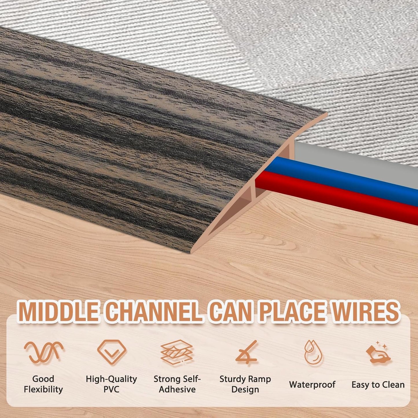 Floor Transition Strip Self Adhesive Vinyl Door Threshold for Doorways Carpet Edging Trim Overlap Edge Reducer for Laminate Floor, Carpet, Tile (Smoked Brown Wood Grain, 2/5" to 3/5", 6.6Ft)