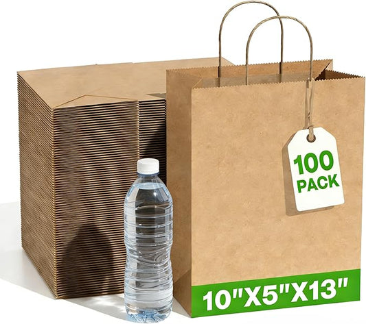 Simple Deluxe Value Pack of 100 Kraft Paper Bags with Handles (10x5x13 Inch) - Made in USA from 90GSM 100% Recycled Paper for Retail, Bulk Savings for Retail, Stores & Gift Packaging
