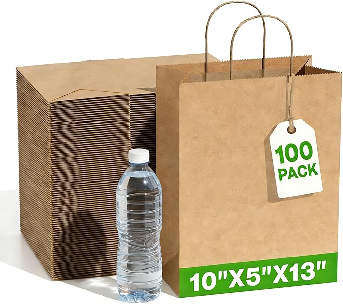 Simple Deluxe Value Pack of 100 Kraft Paper Bags with Handles (10x5x13 Inch) - Made in USA from 90GSM 100% Recycled Paper for Retail, Bulk Savings for Retail, Stores & Gift Packaging