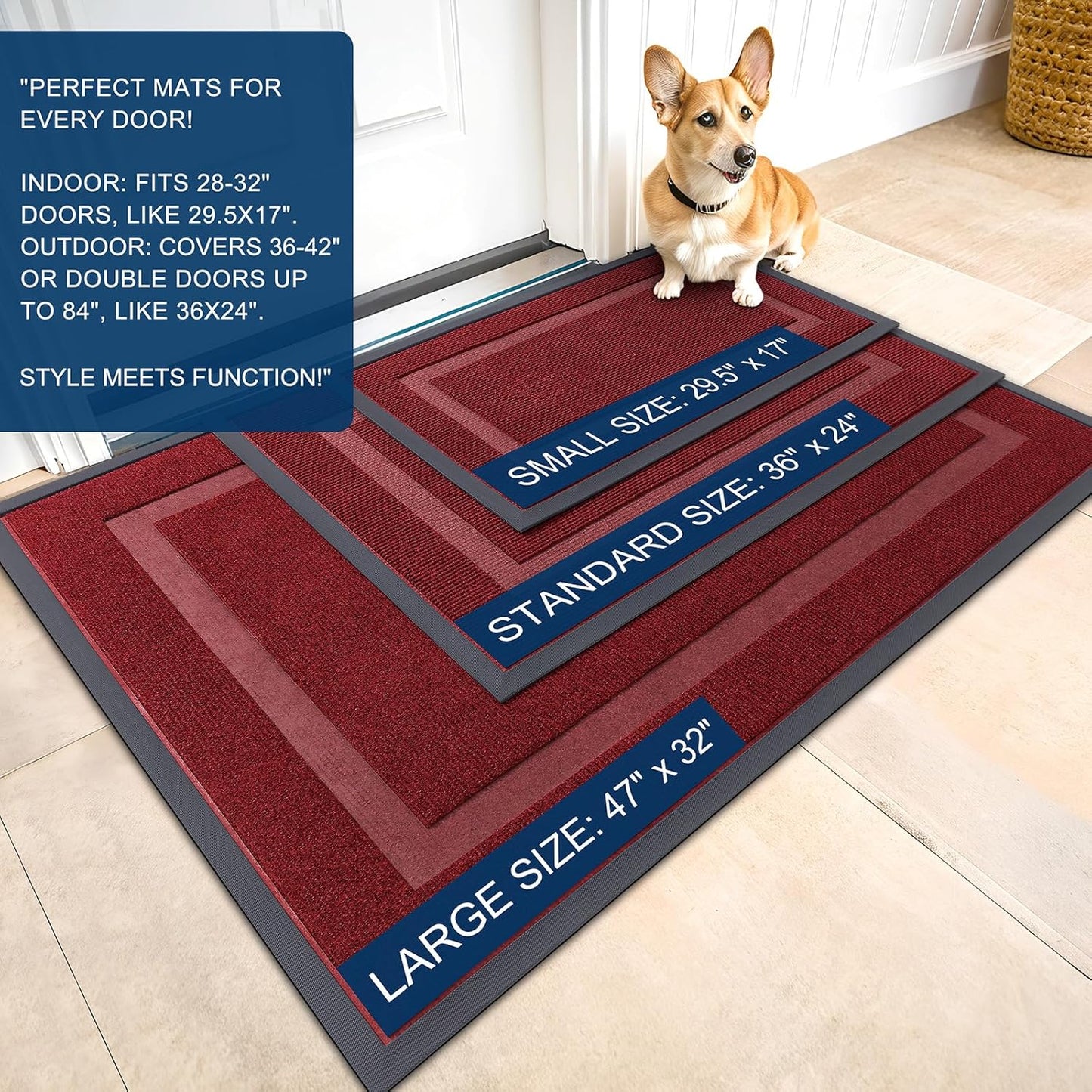 OLANLY Front Door Mat Indoor Outdoor Entrance, Waterproof All-Season, All-Weather Doormat, Sturdy Natural Rubber, Fade Resistant, Low Profile, Easy Clean Patio Porch Entryway Mat, 59x35, Wine Red