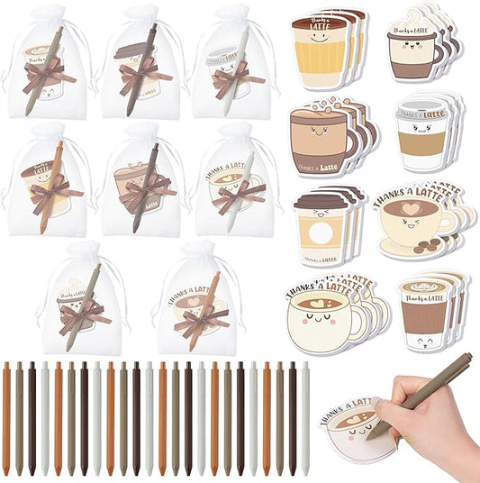 Xqumoi Thanks A Latte Sticky Notes with Pen Gift Set - 24 Set Coffee Self Sticky Writing Memo Pads Ballpoint Pens with Mesh Bag Thank You Gift Party Favors School Classroom Rewards Office Supplies