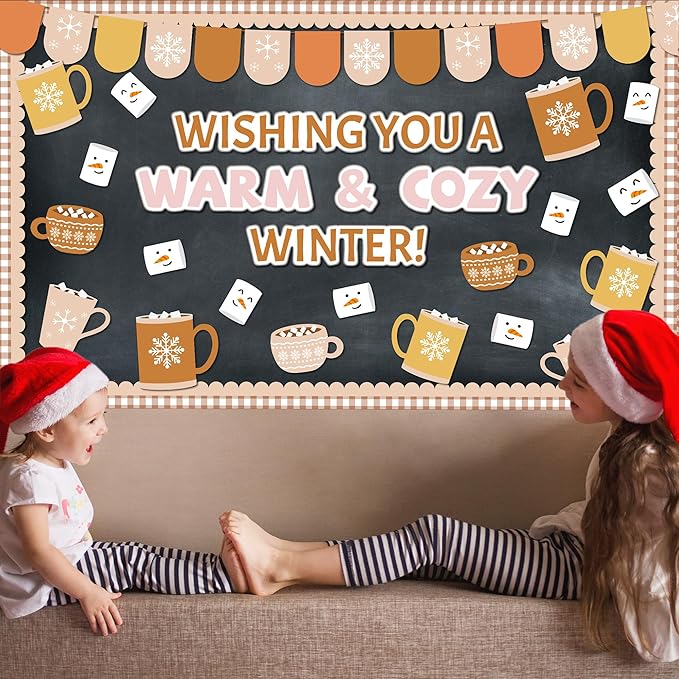 Winter Bulletin Board Christmas Hot Cocoa Bulletin Board Set Classroom Decoration Wish You A Warm Cozy Christmas Cutouts for Winter Xmas Holiday School Office Home Chalkboard Wall Door Decor
