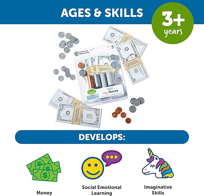 Learning Resources Pretend Play Money - Math Manipulatives for Kids, Kids Bank, Plastic Coins, Cash Register, Toddler, Homeschool Supplies, Fine Motor Skills, Teaching Set Manipulatives