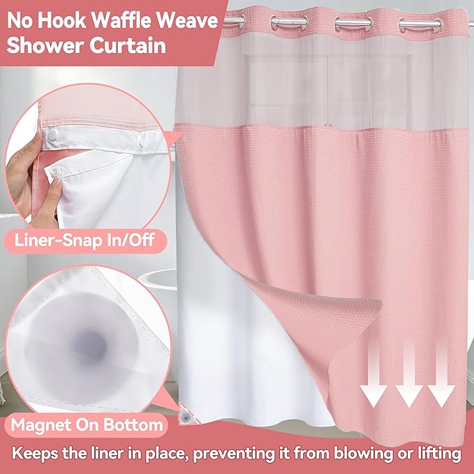 Conbo Mio Extra Long No Hook Waffle Weave Shower Curtain with Snap in Liner Set, Hotel Luxury Pink Shower Curtains for Bathroom with See Through Top Window, Waterproof, Washable 71W x 84H