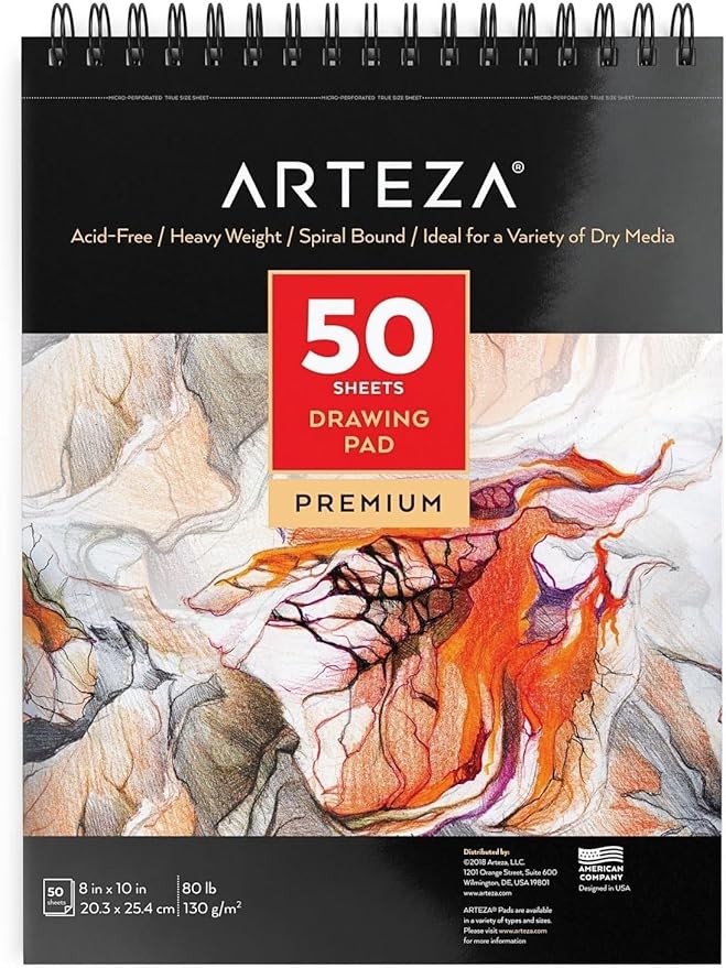 ARTEZA Drawing Paper Pad, 8 x 10 Inches, Pack of 1, 50 Sheets, Spiral Bound Artist Drawing Books, Durable Acid Free White Sketch Paper