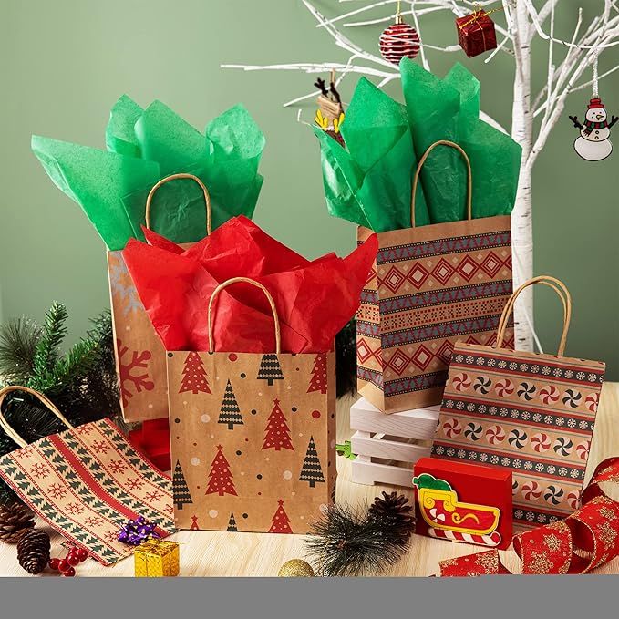 JOYIN 24 PCS Christmas Kraft Gift Bags for Present Wrapping, Holiday Paper Goody Gift Treat Candy Bags for Xmas Decor Supplies Classrooms Wedding and Party Favors (9" x 7.3" x 3.3")