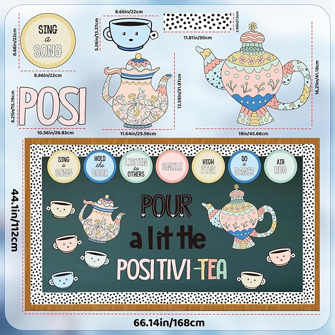 Positivity Classroom Bulletin Board Decorations Set, Pour A Little Inspirational Kettle Teacup Paper Cutouts with Dot Bulletin Border Trims for Back to School Classroom Supplies Door Wall Decor