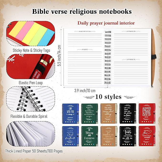 Spakon 20 Set Christian Gifts Bulk Easter Mother's Day Church Sticky Note Spiral Notebook Bible Verse Ballpoint Pen Prayer Journal Religious Scripture Notepad Sunday School Teacher Party Favors