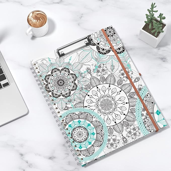 Rimilak Spiral Clipboard Folio with Refillable Lined Notepad, 14.5 x 9.8 In, Hardcover Cover with 5 Interior Pockets, Elastic Band and Pen Loop Series. Cute Stylish Clipfolio, Mandala Flower