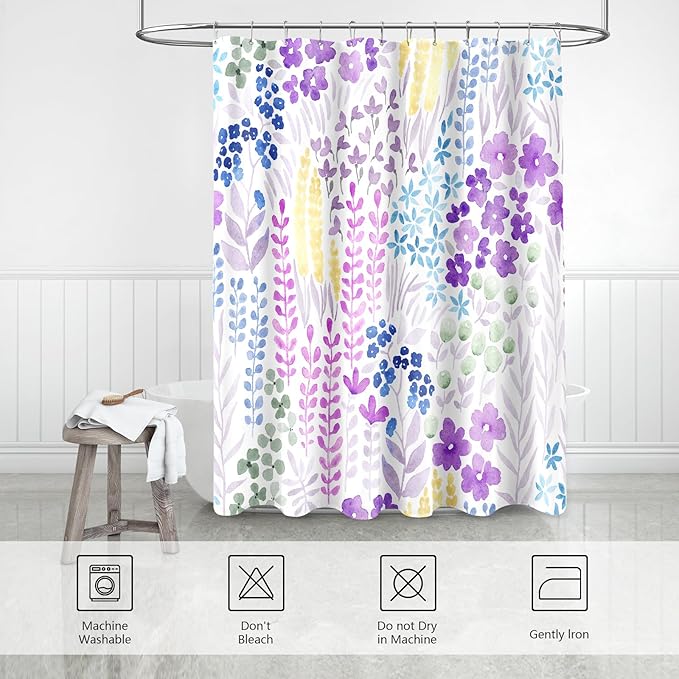 Lavender Purple Floral Shower Curtain 60x72, Colorful Boho Flower Fabric Shower Curtain, Cute Funky Watercolor Wildflower Shower Curtain Set, Cottagecore Bohemian Bathroom Decor