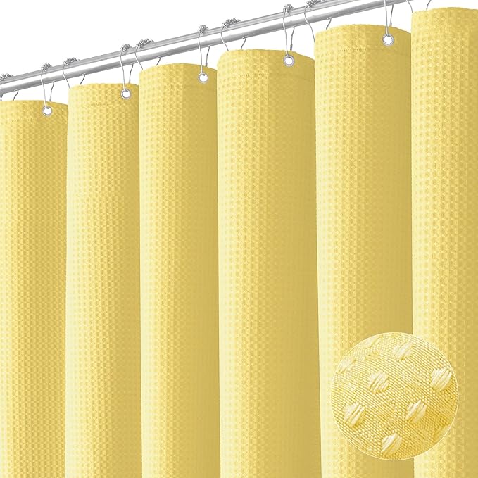 Dynamene Long Fabric Shower Curtain - 78 inch Long Waffle Weave Weighted Cloth Shower Curtains for Bathroom, Neutral Heavy Duty Hotel Spa Luxury Bath Curtain Set with 12 Hooks, 72x78, Yellow