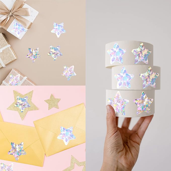 500 PCS Holographic Silvery Star Stickers, Self-Adhesive Metallic Glitter Foil Reflective Star Stickers for Reward Behavior Chart Labels, Each Measures 1.5'