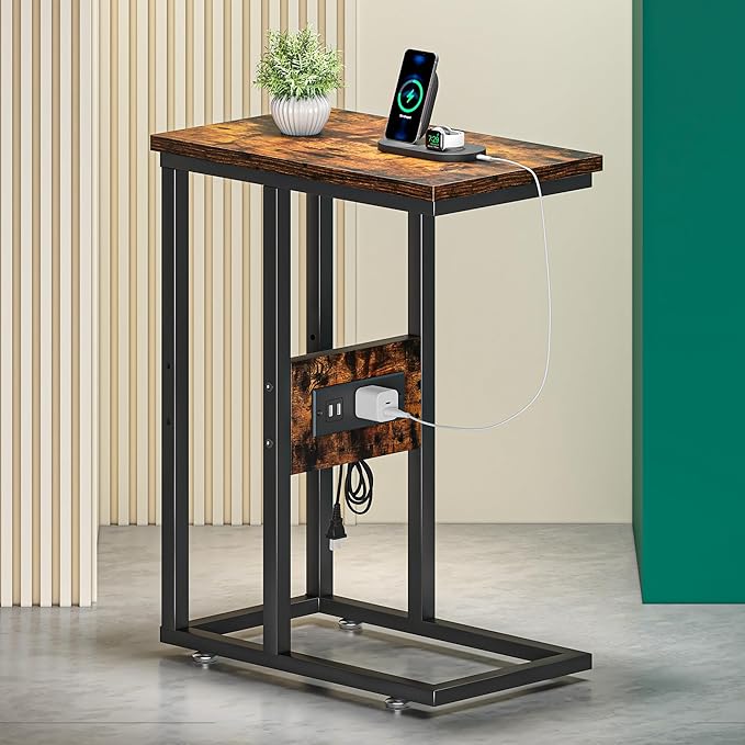 VECELO C Shaped End Table with Charging Station & Power Outlets, Quick Access Side Table for Sofa, C Bedside for Living Room Bedroom 1 Set,Brown