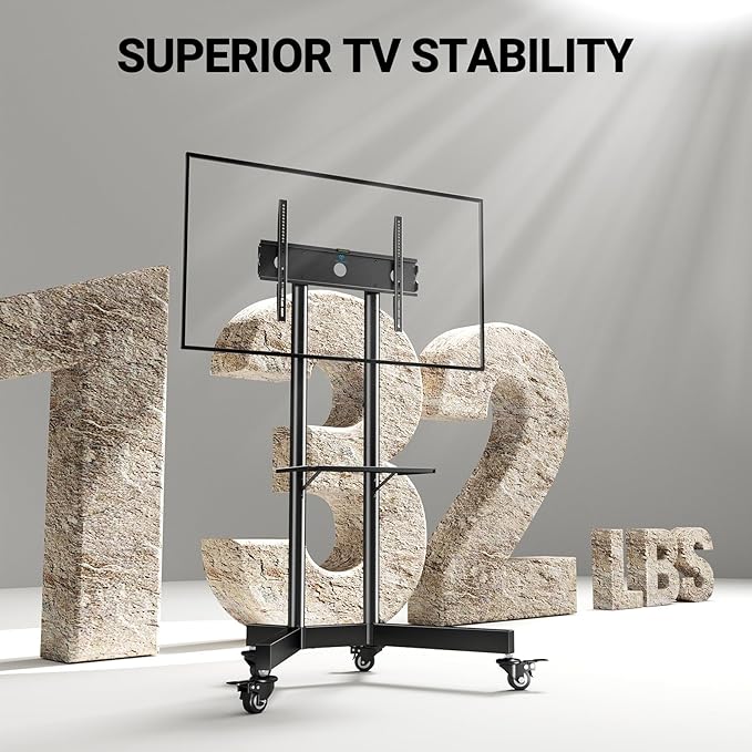 PERLESMITH Rolling TV Stand with Lockable Wheels for 32-86 Inch TVs Holds up to 132 Lbs, Height Adjustable Mobile TV Stand on Wheels with Laptop Shelf, Rolling Tv Cart Max VESA 600x400mm PSTVMC01