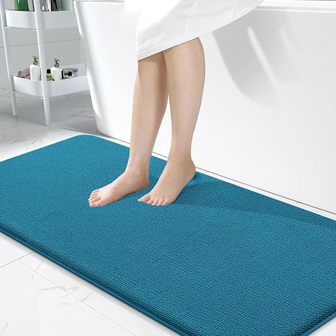 OLANLY Thick Memory Foam Bath Mat Rug 47x24, Extra Soft Absorbent Bathroom Rug, Quick Dry Bath Mat, Non-Slip, Machine Washable Carpet for Bathroom, Tub and Shower, Home Decor Accessories, Peacock Blue