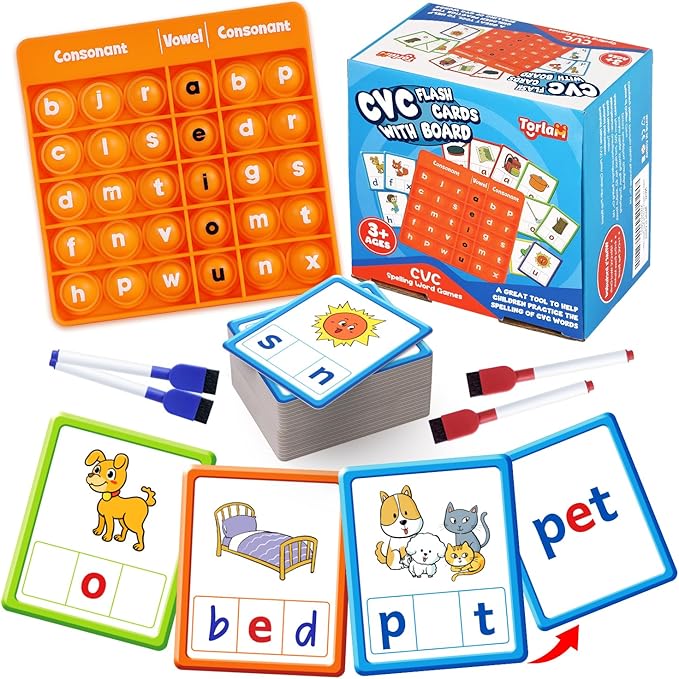 Torlam CVC Word games Phonics Games Sight Words Flash Cards, Spelling Reading Learning Flashcards, Speech Therapy Toy Preschool Kindergarten Classroom Learning Activities Must Have Homeschool Supplies