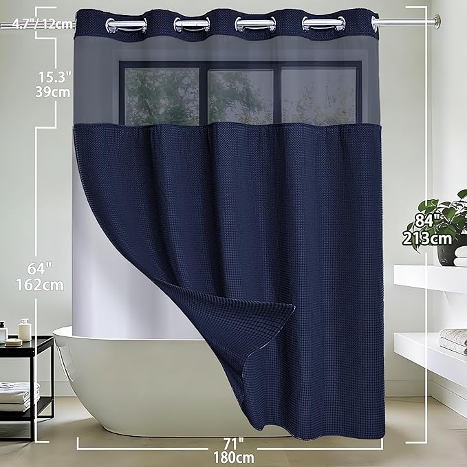 Conbo Mio Extra Long No Hook Waffle Weave Shower Curtain with Snap in Liner Set, Hotel Luxury Navy Blue Shower Curtains for Bathroom with See Through Top Window, Waterproof, Washable 71W x 84H