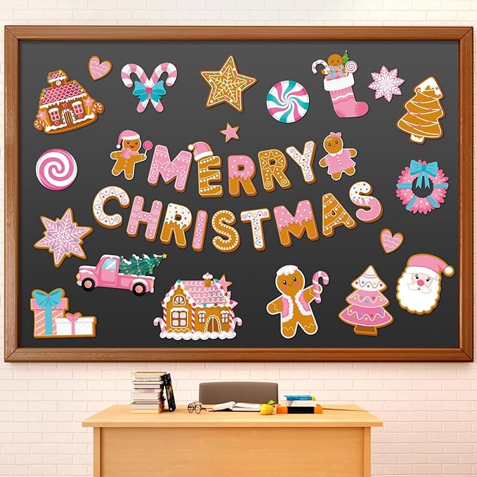 Kosiz 54 Pcs Christmas Bulletin Board Set Pink Gingerbread Man Cut-outs Merry Christmas Bulletin Board Decoration Set Pink Gingerbread House Cutouts for Xmas Holiday Party School Home Wall Door Decor