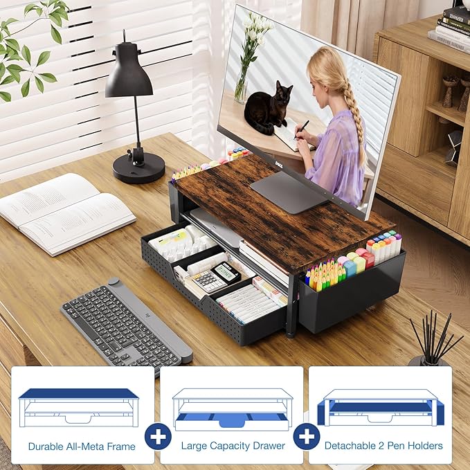 OPNICE Wood Desk Organizers and Accessories, 2-Tier Computer Monitor Stand Riser with Drawer and 2 Pen Holders, Laptop Stand, Office Desk Accessories for Office Supplies, Brown
