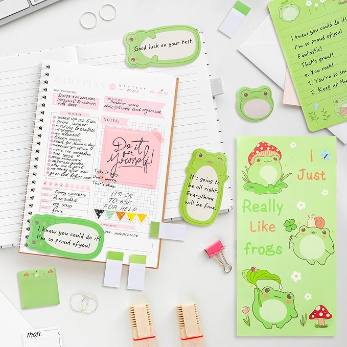 Xqumoi 2 Pack I Just Really Like Frogs Sticky Notes Set - Cute Cartoon Frogs Self-Stick Notes Pads Animal Divider Tabs Bundle Writing Memo Pads Page Marker Back to School Office Supplies Small Gift