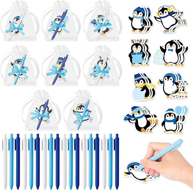 Xqumoi Winter Penguin Sticky Notes with Pen Gift Set - 24 Set Christmas Polar Animal Self Sticky Writing Memo Notepads Ballpoint Pens Mesh Bag Party Favors School Classroom Rewards Office Supplies