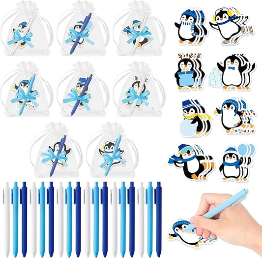 Xqumoi Winter Penguin Sticky Notes with Pen Gift Set - 24 Set Christmas Polar Animal Self Sticky Writing Memo Notepads Ballpoint Pens Mesh Bag Party Favors School Classroom Rewards Office Supplies