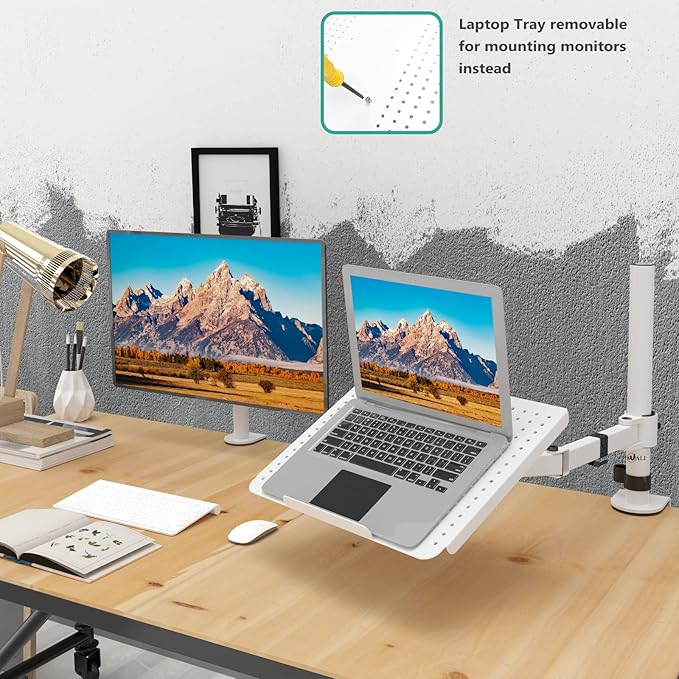 WALI Laptop Desk Mount for 17 inch Notebook, Adjustable Single Monitor Arm with Laptop Holder for 32 inch Screen, Laptops Stand with Ventilated Tray, Up to 22 Lbs, (M00LP-W), White