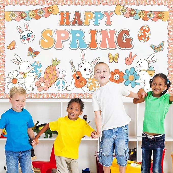 gisgfim Spring Bulletin Board Decoration Set Easter Bunny Borders Cutout for Party School Classroom Door Welcome Bulletin Board Craft Home Wall(Groovy Spring)